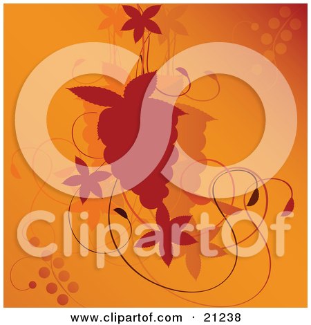 Clipart Illustration of a Bunch Of Silhouetted Grapes Hanging On A Vine Over An Orange Background by elaineitalia