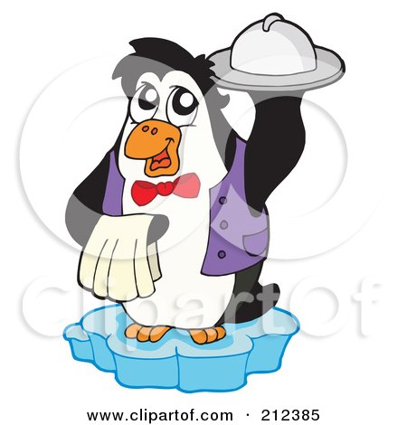 Royalty-Free (RF) Clipart Illustration of a Cute Penguin Serving A Platter On An Iceberg by visekart