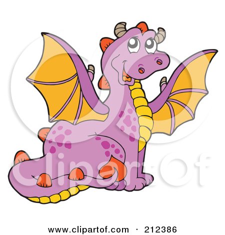 Royalty-Free (RF) Clipart Illustration of a Cute Purple Dragon With Spots And Orange Wings by visekart