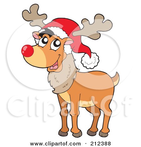 Royalty-Free (RF) Clipart Illustration of a Happy Reindeer With A Red Nose And Santa Hat by visekart
