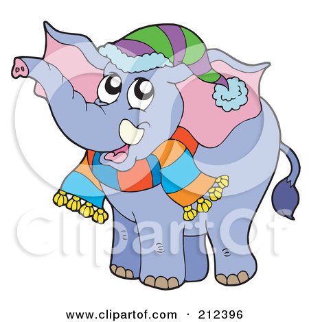 Royalty-Free (RF) Clipart Illustration of a Cute Winter Elephant With A Scarf And Hat by visekart