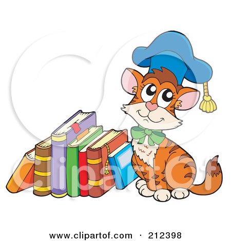 Royalty-Free (RF) Clipart Illustration of a Cat Professor Sitting By A Stack Of Books by visekart