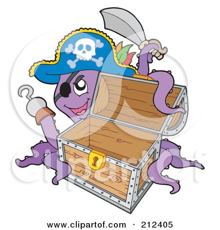 Royalty-Free (RF) Clipart Illustration of a Purple Octopus Pirate With An Empty Treasure Chest by visekart