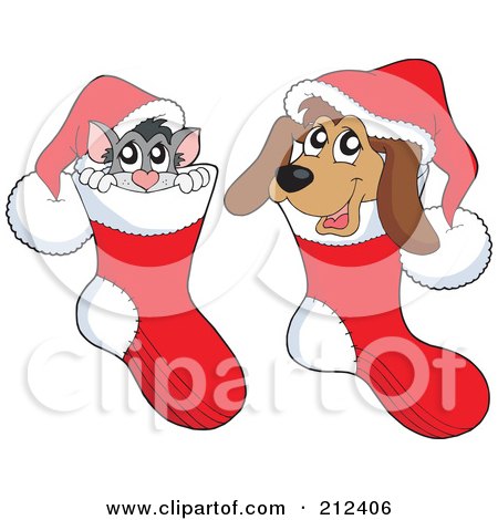 Royalty-Free (RF) Clipart Illustration of a Digital Collage Of A Cat And Dog In Christmas Stockings by visekart
