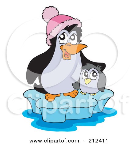 Royalty-Free (RF) Clipart Illustration of a Cute Baby Penguin And Mother On An Iceberg by visekart
