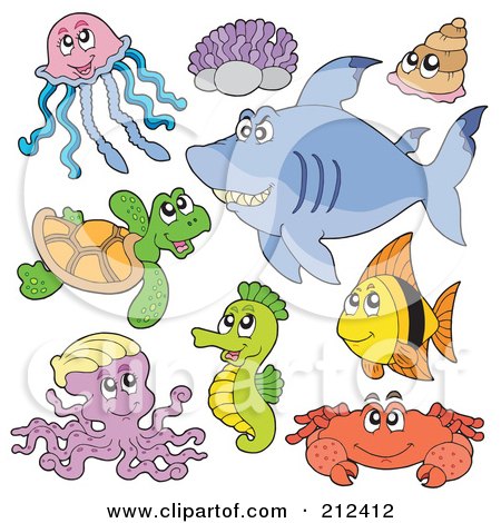 Royalty-Free (RF) Clipart Illustration of a Digital Collage Of A Jellyfish, Corals, Sea Turtle, Octopus, Seahorse, Shark, Shells, Fish And Crab by visekart