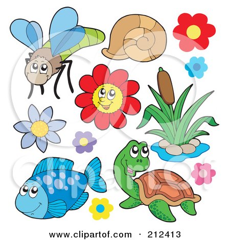 Royalty-Free (RF) Clipart Illustration of a Digital Collage Of A Dragonfly, Snail, Flowers, Cattails, Fish And Turtle by visekart