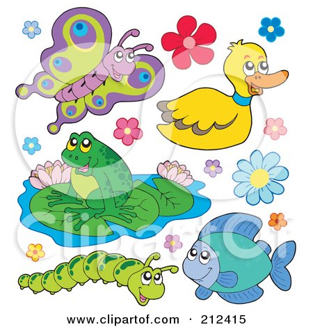 Royalty-Free (RF) Clipart Illustration of a Digital Collage Of A Butterfly, Duck, Frog, Caterpillar, Fish And Flowers by visekart