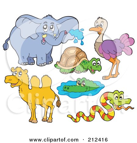 Royalty-Free (RF) Clipart Illustration of a Digital Collage Of An Elephant, Tortoise, Ostrich, Camel, Alligator And Snake by visekart