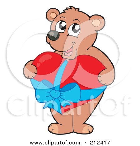 Royalty-Free (RF) Clipart Illustration of a Sweet Bear Holding A Big Red Heart With A Blue Ribbon by visekart