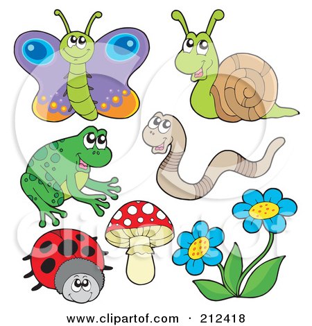 Royalty-Free (RF) Clipart Illustration of a Digital Collage Of A Butterfly, Snail, Worm, Frog, Ladybug, Mushroom And Flowers by visekart
