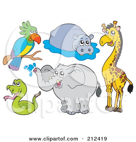 Royalty-Free (RF) Clipart Illustration of a Digital Collage Of A Parrot, Hippo, Giraffe, Elephant And Snake by visekart
