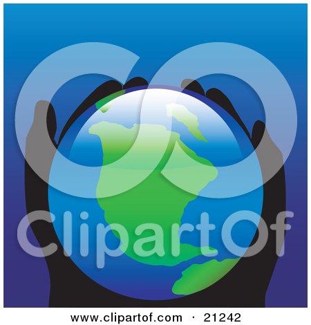 Clipart Illustration of a Pair Of Silhouetted Human Hands Gently Holding Planet Earth by elaineitalia