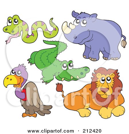 Royalty-Free (RF) Clipart Illustration of a Digital Collage Of A Cute Snake, Alligator, Rhino, Vulture And Lion by visekart