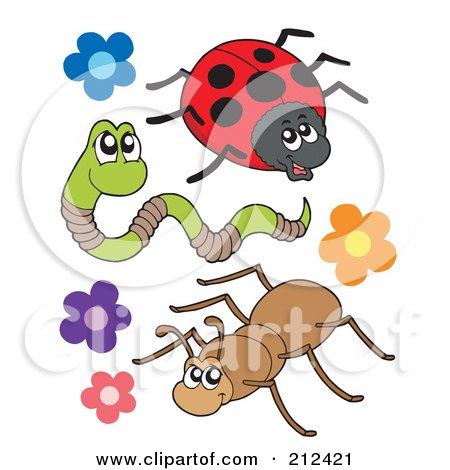 Royalty-Free (RF) Clipart Illustration of a Digital Collage Of A Ladybug, Worm And Ant With Flowers by visekart