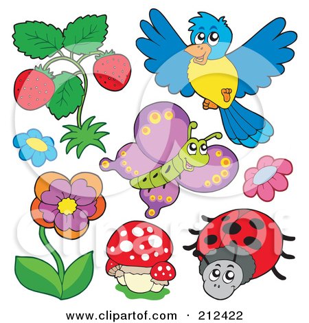 Royalty-Free (RF) Clipart Illustration of a Digital Collage Of Strawberries, A Bird, Butterfly, Flowers, Mushrooms And Ladybug by visekart