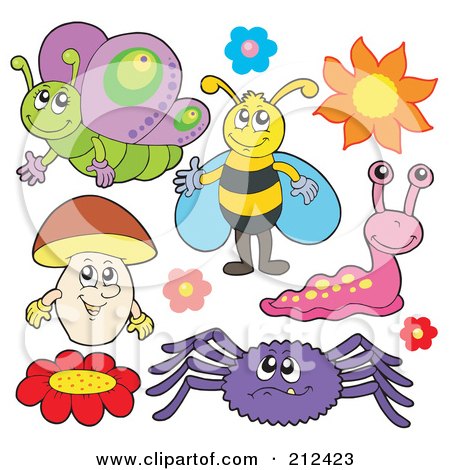 Royalty-Free (RF) Clipart Illustration of a Digital Collage Of A Butterfly, Bee, Flowers, Mushroom, Spider And Slug by visekart