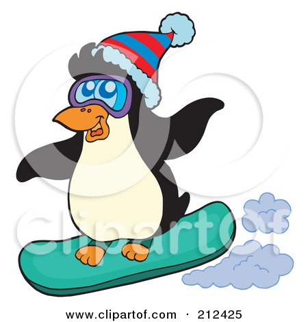 Royalty-Free (RF) Clipart Illustration of a Cute Penguin Snowboarding by visekart