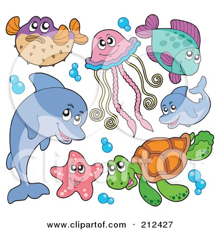 Royalty-Free (RF) Clipart Illustration of a Digital Collage Of A Blowfish, Dolphin, Starfish, Sea Turtle, Jellyfish And Fish by visekart