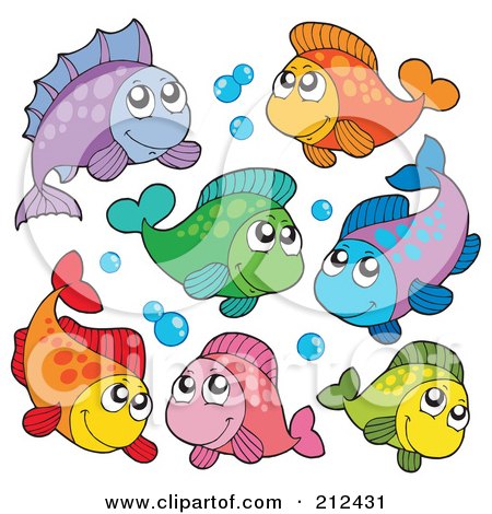 Royalty-Free (RF) Clipart Illustration of a Digital Collage Of Colorful Marine Fish And Bubbles by visekart