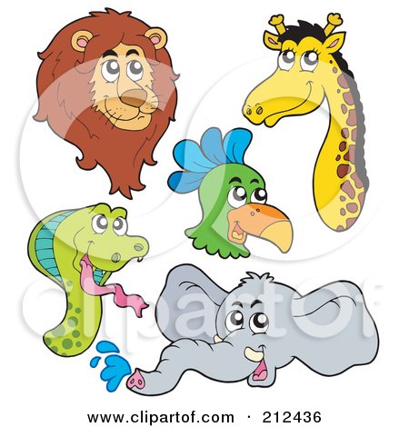 Royalty-Free (RF) Clipart Illustration of a Digital Collage Of A Lion, Parrot, Snake, Giraffe And Elephant by visekart
