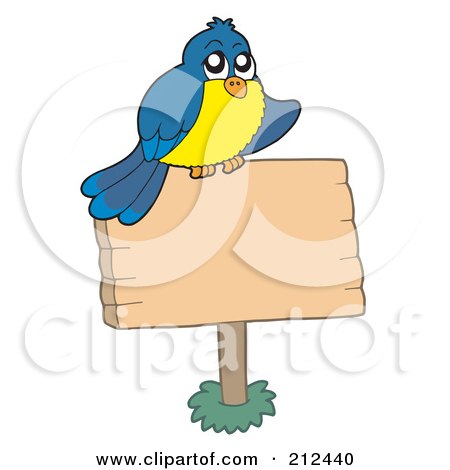 Royalty-Free (RF) Clipart Illustration of a Blue And Yellow Bird Sitting On A Blank Wood Sign by visekart