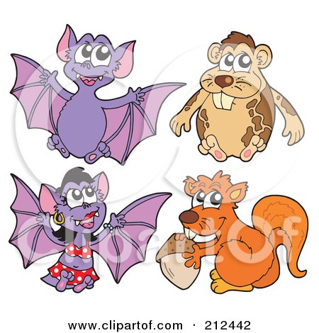 Royalty-Free (RF) Clipart Illustration of a Digital Collage Of Flying Bats, A Hamster And Squirrel by visekart