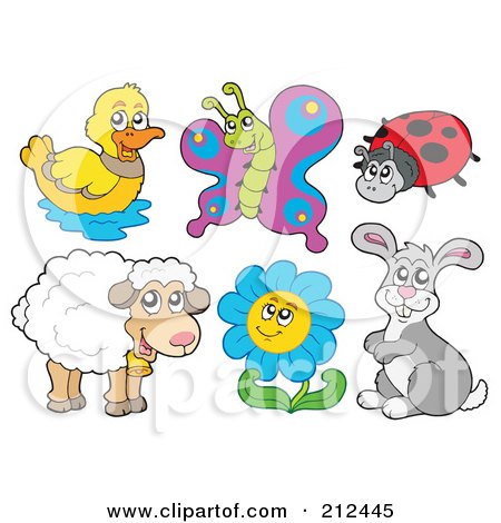 Royalty-Free (RF) Clipart Illustration of a Digital Collage Of A Duck, Butterfly, Ladybug, Sheep, Flower And Rabbit by visekart