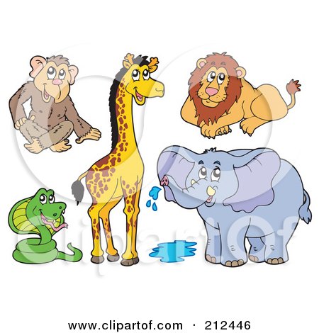 Royalty-Free (RF) Clipart Illustration of a Digital Collage Of A Monkey, Giraffe, Lion, Snake And Elephant by visekart