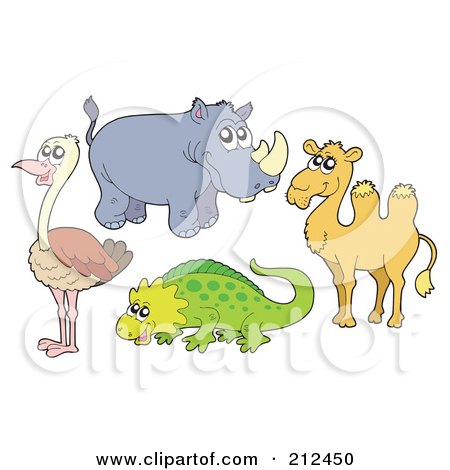 Royalty-Free (RF) Clipart Illustration of a Digital Collage Of An Ostrich, Rhino, Camel And Lizard by visekart