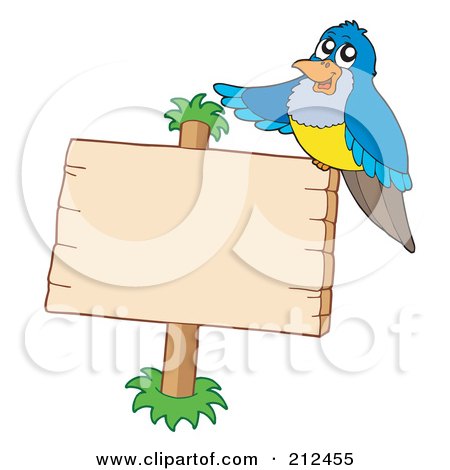 Royalty-Free (RF) Clipart Illustration of a Blue And Yellow Bird Sitting On A Wooden Sign by visekart