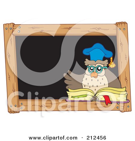 Royalty-Free (RF) Clipart Illustration of an Owl Teacher With A Book In Front Of A Black Board by visekart