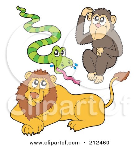 Royalty-Free (RF) Clipart Illustration of a Digital Collage Of A Cute Snake, Monkey And Lion by visekart
