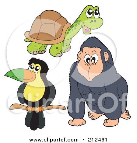 Royalty-Free (RF) Clipart Illustration of a Digital Collage Of A Cute Toucan, Tortoise And Ape by visekart