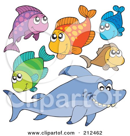 Royalty-Free (RF) Clipart Illustration of a Digital Collage Of A Shark And Colorful Fish by visekart