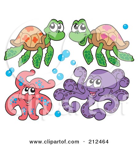 Royalty-Free (RF) Clipart Illustration of a Digital Collage Of Two Sea Turtles, Starfish And Octopus by visekart