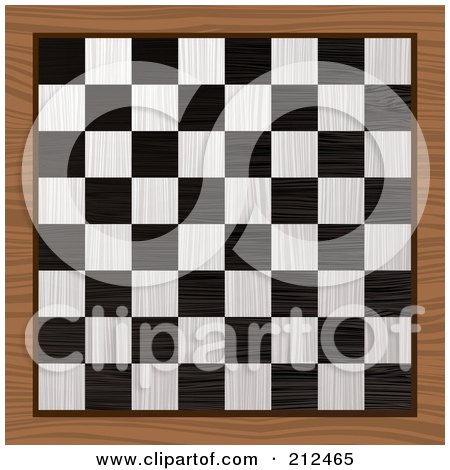 Royalty-Free (RF) Clipart Illustration of a Black And White Chess Board On A Wood Table by michaeltravers