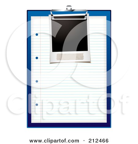 Royalty-Free (RF) Clipart Illustration of a Blank Picture On A Sheet Of Paper On A Blue Clip Board by michaeltravers