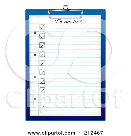 Royalty-Free (RF) Clipart Illustration of a Completed To Do List On A Blue Clip Board by michaeltravers