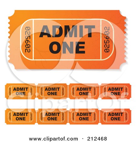 Royalty-Free (RF) Clipart Illustration of a Digital Collage Of Orange Admit One Tickets by michaeltravers
