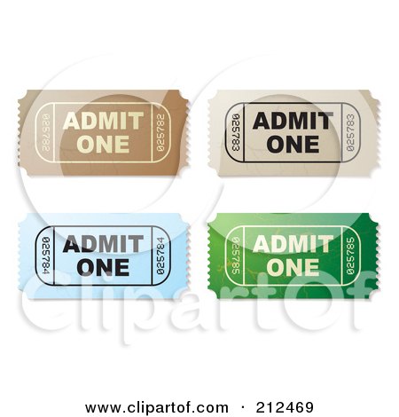 Royalty-Free (RF) Clipart Illustration of a Digital Collage Of Brown, Beige, Blue And Green Admit One Tickets by michaeltravers