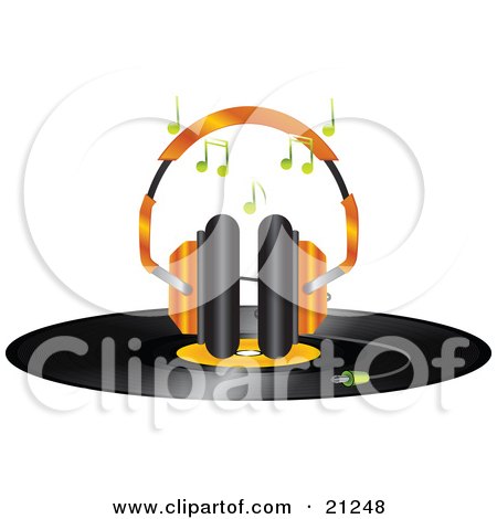 Clipart Illustration of a Pair Of Orange Headphones Playing Music On Top Of A Vinyl Record Disc On A White Background by elaineitalia