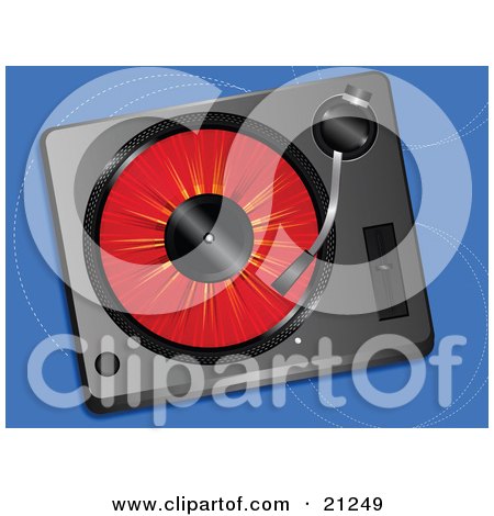 Clipart Illustration of a Red Record Spinning In A Record Player Over A Blue Background by elaineitalia