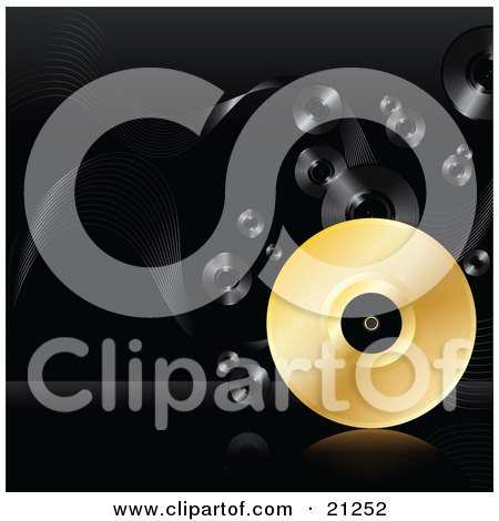 Clipart Illustration of a Golden Vinyl Record Rolling On A Reflective Surface Over A Black Background With Black Records by elaineitalia