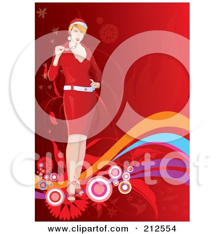 Royalty-Free (RF) Clipart Illustration of a Christmas Woman Chewing On Her Glasses Over Waves And Foliage On Red by YUHAIZAN YUNUS