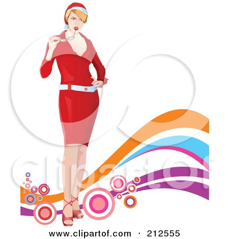 Royalty-Free (RF) Clipart Illustration of a Stylish Christmas Woman Chewing On Her Glasses Over Colorful Waves And Bubbles by YUHAIZAN YUNUS
