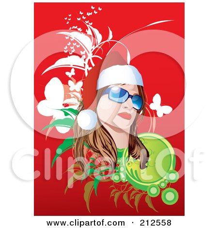 Royalty-Free (RF) Clipart Illustration of a Christmas Woman Wearing Shades And A Santa Hat, Over Red With Foliage And Butterflies by YUHAIZAN YUNUS