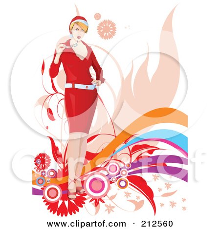 Royalty-Free (RF) Clipart Illustration of a Christmas Woman Chewing On Her Glasses Over Waves And Foliage by YUHAIZAN YUNUS