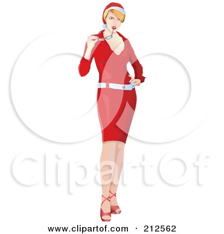 Royalty-Free (RF) Clipart Illustration of a Stylish Christmas Woman In A Red Dress, Chewing On Her Glasses by YUHAIZAN YUNUS