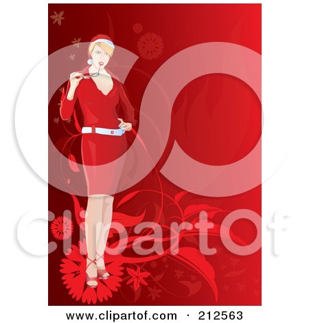 Royalty-Free (RF) Clipart Illustration of a Christmas Woman Chewing On Her Glasses Over Red Foliage by YUHAIZAN YUNUS